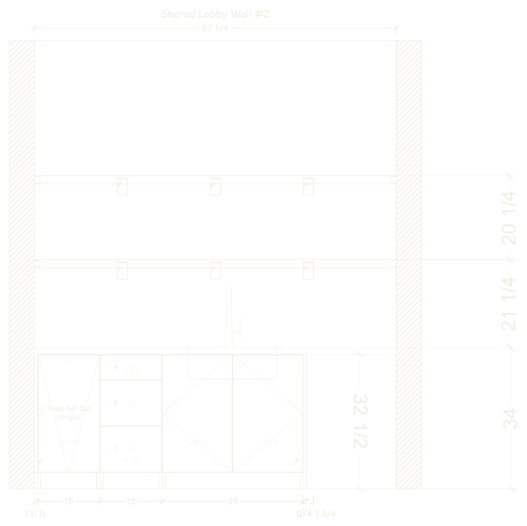 Coffee bar elevation with two open shelves over a sink base and drawer stack