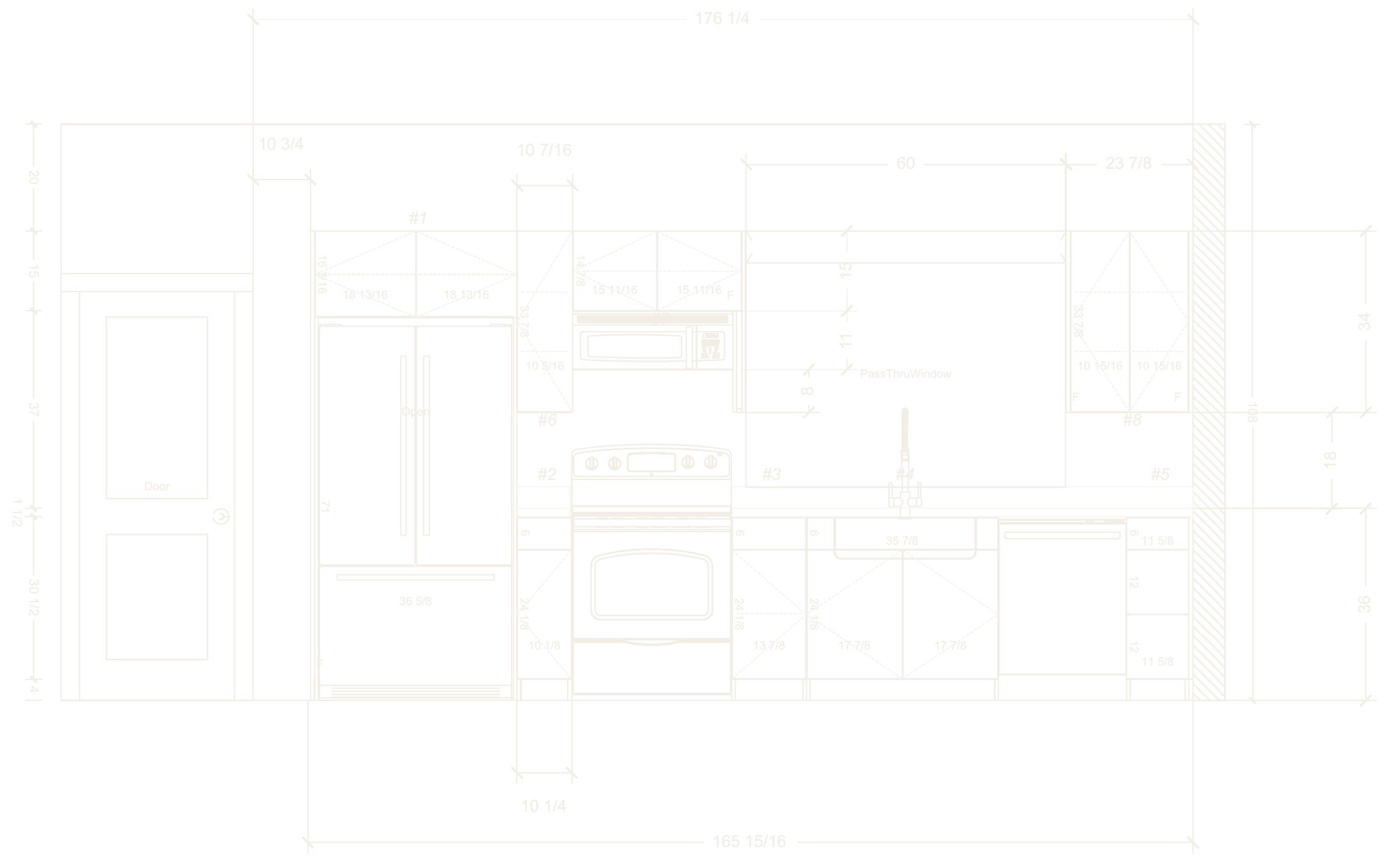 Kitchen elevation with refrigerator, range, sink base, dishwasher and uppers, fully dimensioned