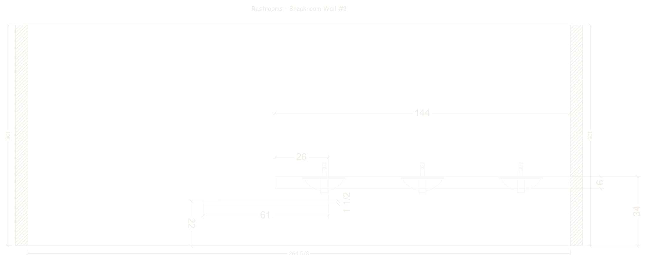 Restroom elevation with a 144 inch floating counter, three sinks and a lowered ADA section