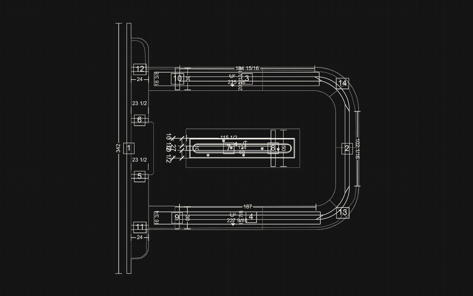 Shop plan of the U-shaped bar and island, with the top split into numbered, dimensioned segments