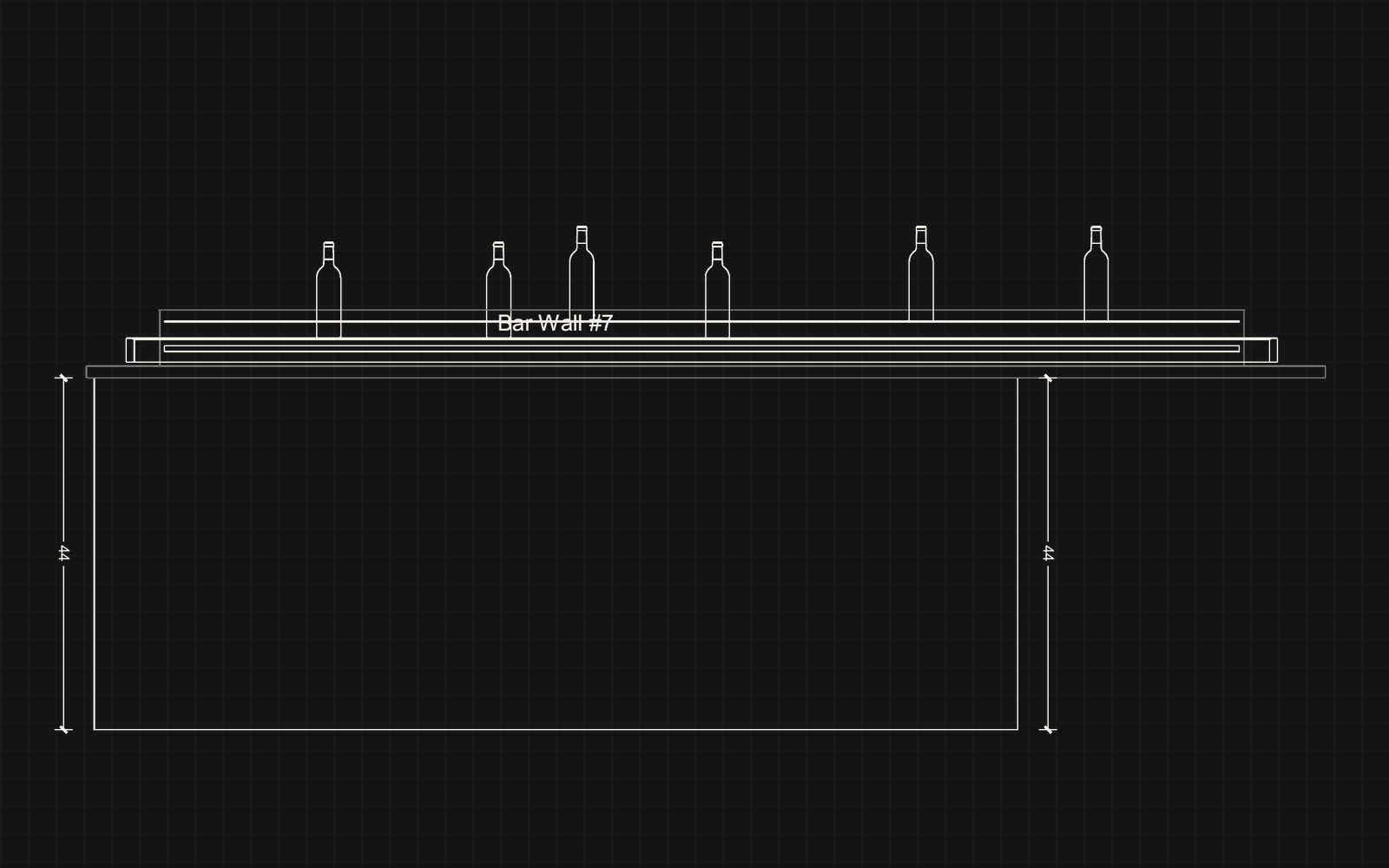 Elevation of the bar island with a bottle rail over a 44 inch die, 115 1/2 inches long