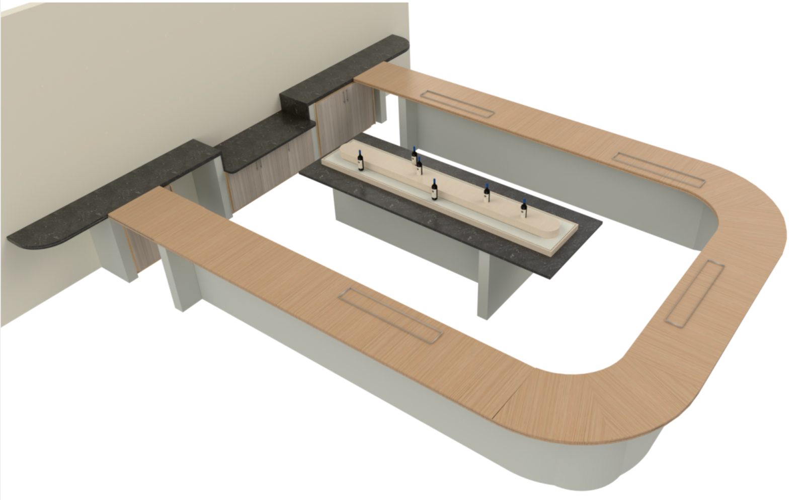 U-shaped hospitality bar with a light oak radius top, gray front and dark stone back bar