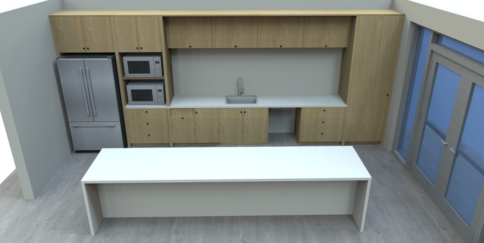 Break room with full-height oak casework, appliance niche, tall pantry and a waterfall island