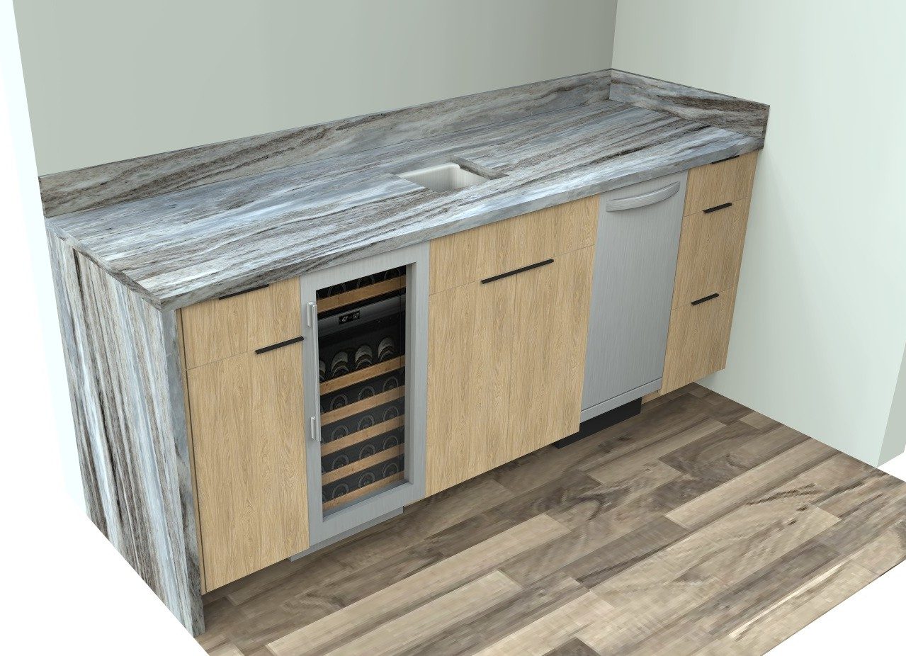 Bar cabinets with a wine cooler, dishwasher and a marble waterfall top