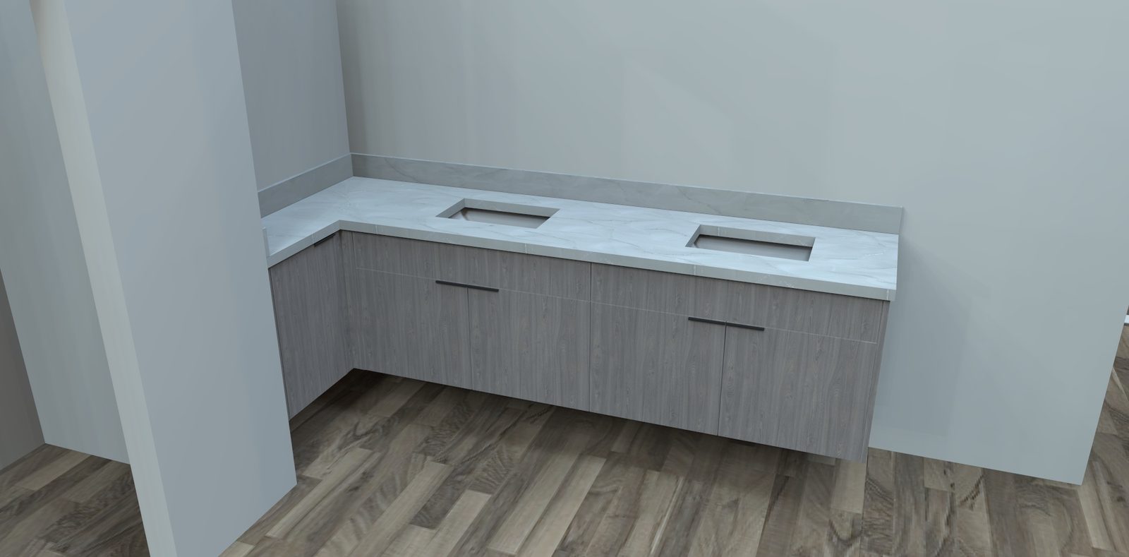 L-shaped floating double vanity in gray wood with a marble top and two sinks