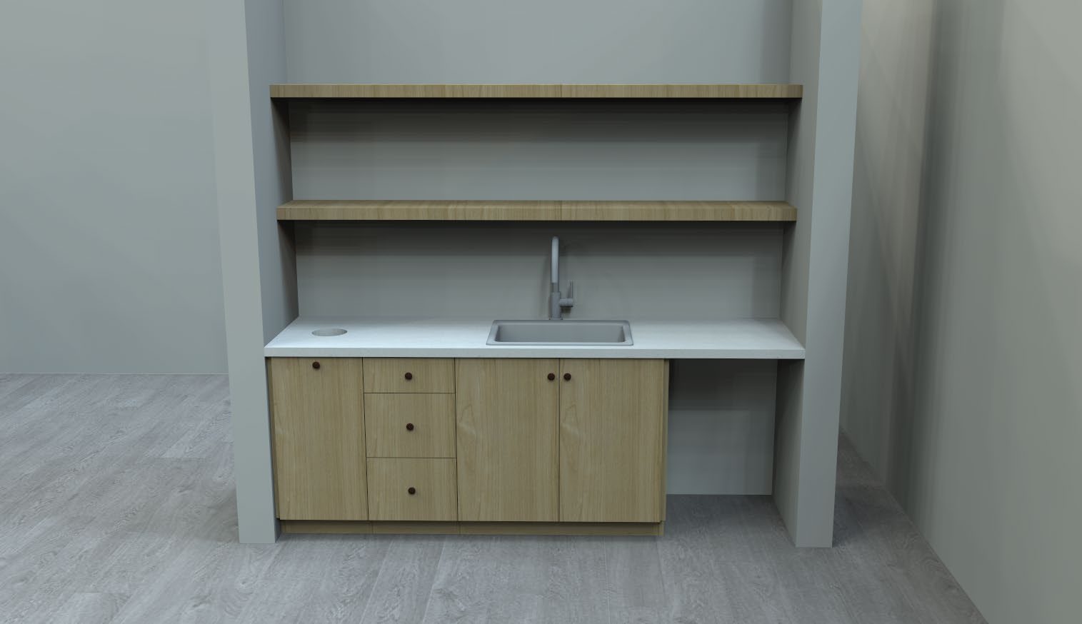 Coffee bar with two open oak shelves over a sink base and drawer stack