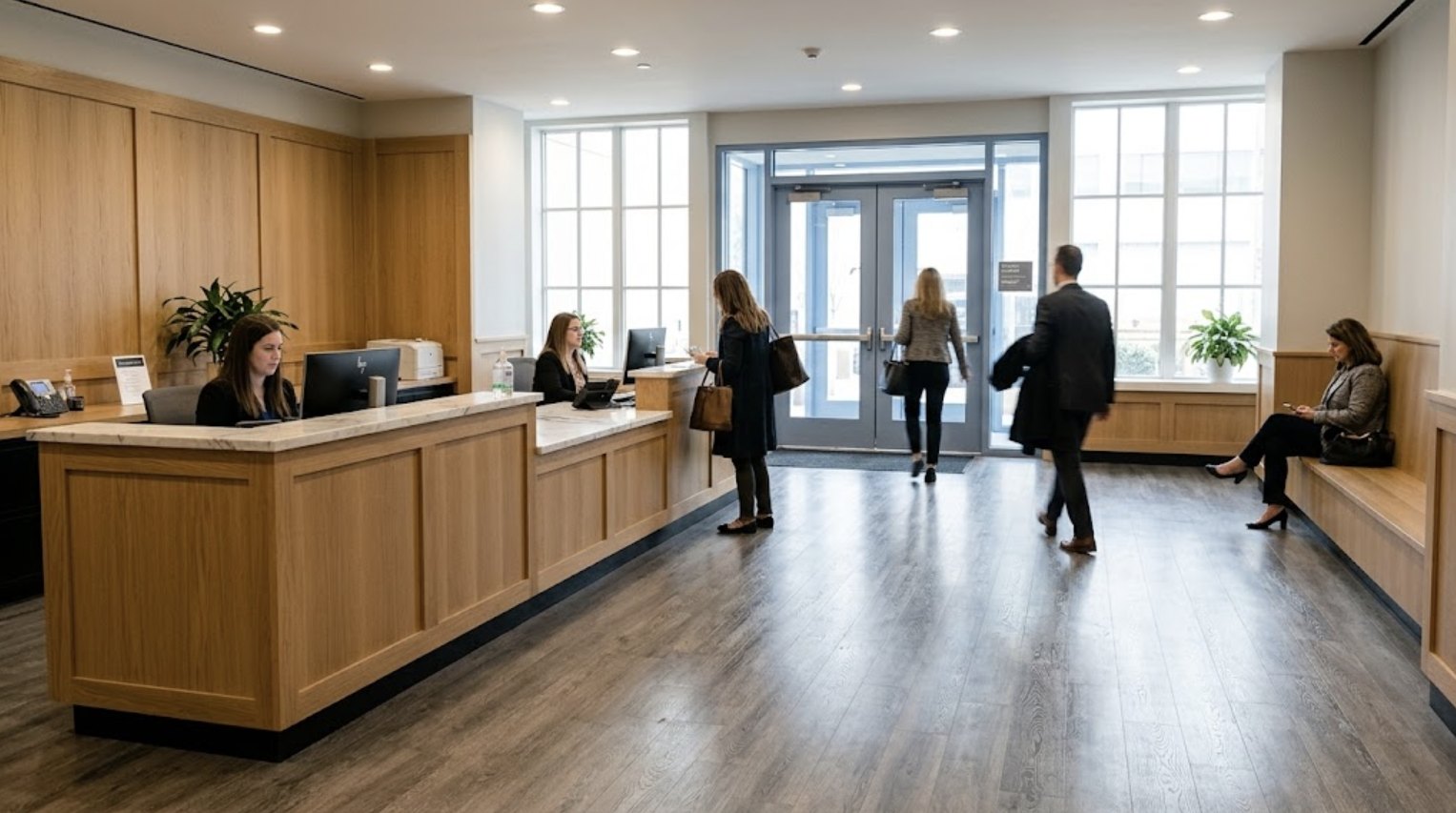 Reception lobby with an oak panel wall, a two-level stone-top desk and a built-in oak bench