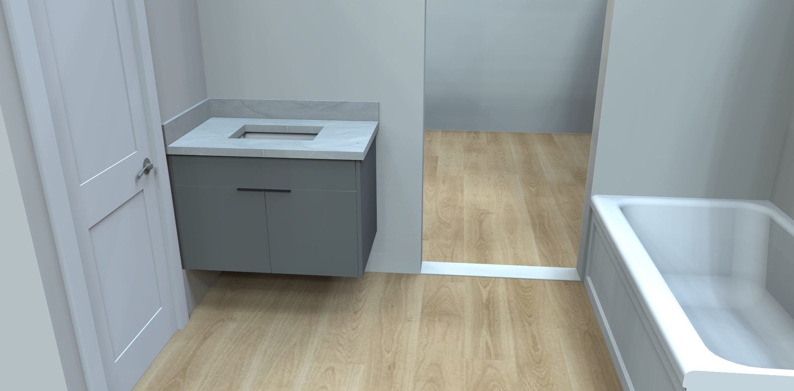 Gray floating single vanity with a marble top next to a tub