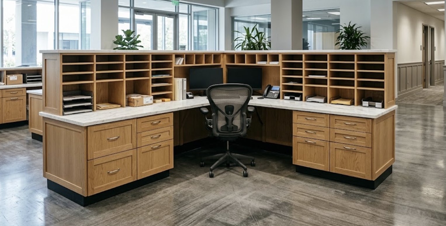 U-shaped oak mail station with open sorting cubbies over drawer banks and a stone top