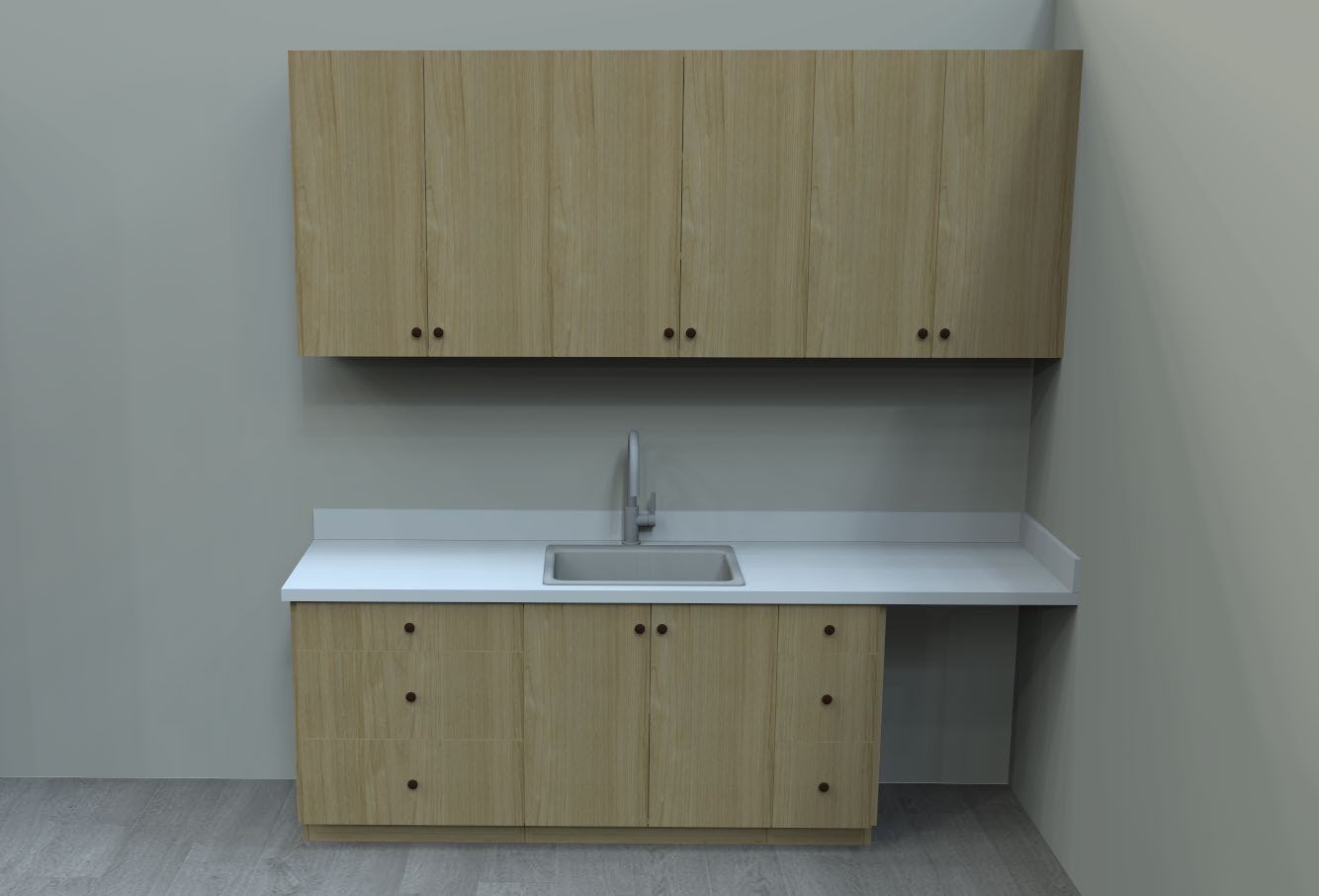 Oak sink wall with uppers, a drawer stack and an open ADA bay
